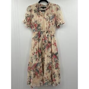 Cynthia Steffe Floral Midi Dress PM Puff Sleeve Cottagecore Romantic Milkmaid